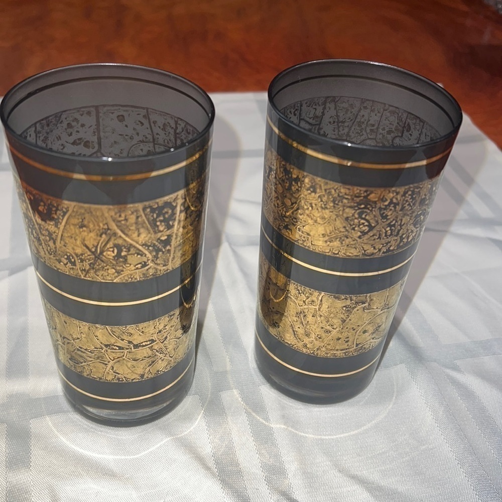 Set of 2 Vintage Culver Smoke Black Gold Tall Cocktail Glasses